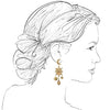 A black and white line art illustration of a woman in profile wearing a dangling gold earring with crescent moon and star details.