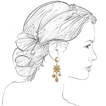A black and white line art illustration of a woman in profile wearing a dangling gold earring with crescent moon and star details.