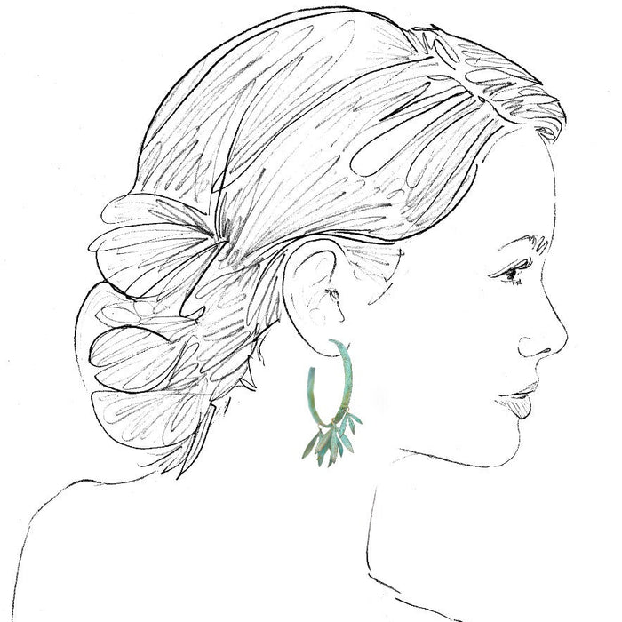 A side-profile line drawing of a woman with an updo hairstyle wearing a green dangling hoop earring, on a plain white background.