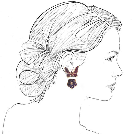 A line-art fashion illustration of a woman in profile with a floral updo, wearing a dangling earring with a butterfly-shaped top and a dark floral drop, shown on a plain white background.