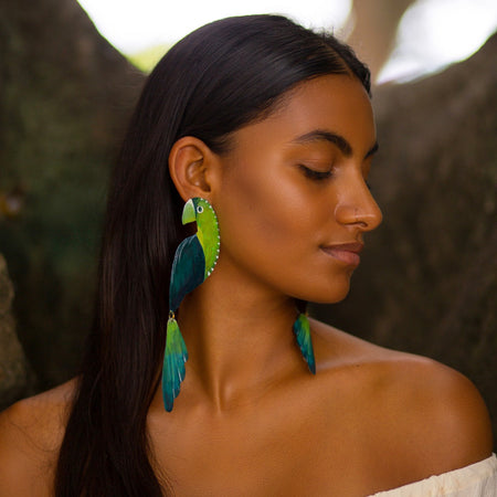 Green Hand-painted Parrot Earrings
